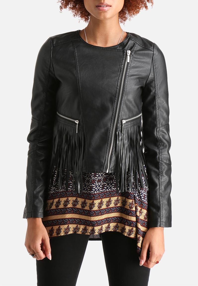 Cropped Faux Leather Tassel Jacket Black AX Paris Jackets