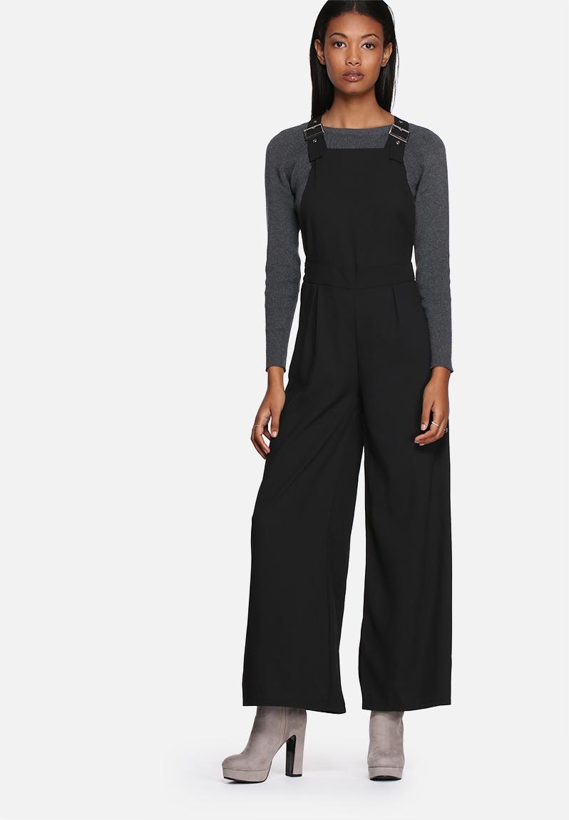 Buckle detail wide leg dungarees - black Lola May Jumpsuits ...